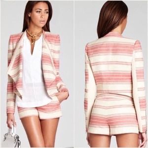 BCBGMaxazria Striped Abbey Blazer XS Asymmetrical Open Front 100% Cotton Tan Red
